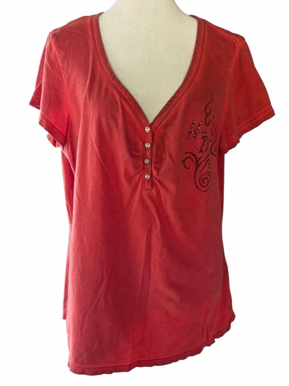 Harley Davidson Henley Heather Coral Short Sleeve Cotton Tee Bling Buttons XL